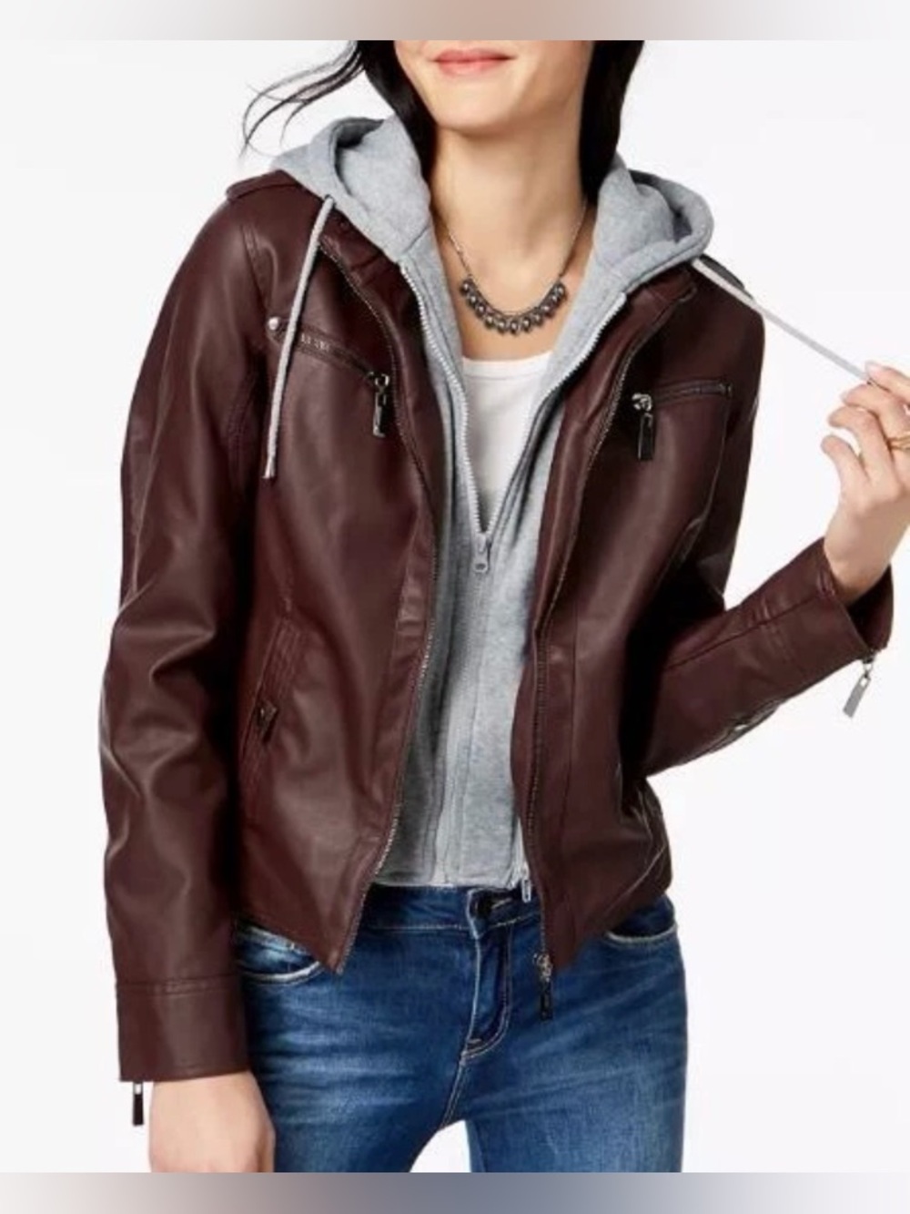 Jou Jou Vegan Leather Moto Jacket w/ Removable Hoodie – Brown/Walnut Size L EUC